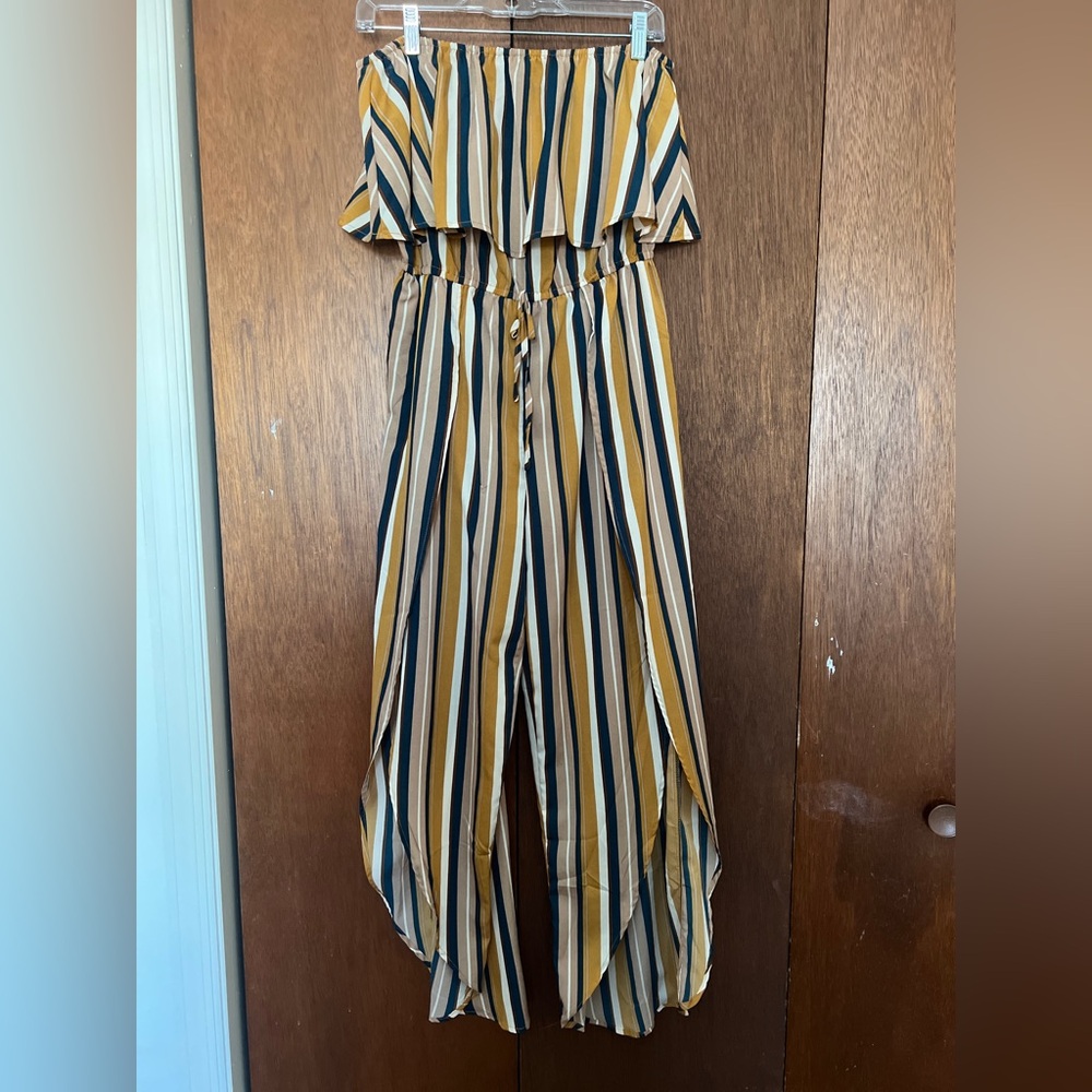Fashion Nova Mustard Navy Cream Striped Strapless Jumpsuit